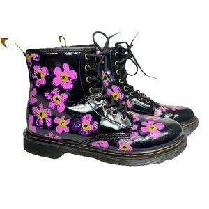 Dr. Martens 1460 J 8-Eye Patent Black Floral High Top Boot Youth Size US 4